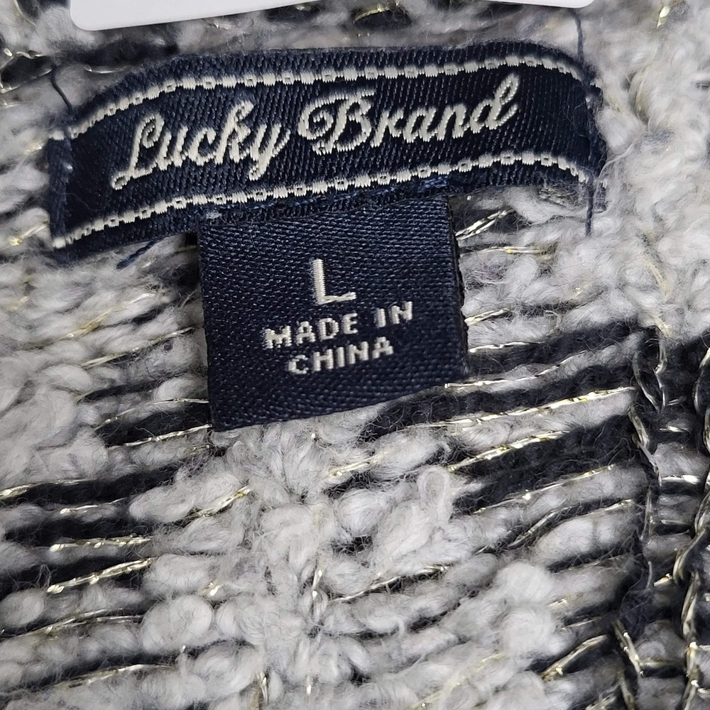 Lucky Brand Women Cardigan L‎ Black Geometric Metallic Aztec Coastal Grandmother - Picture 3 of 9